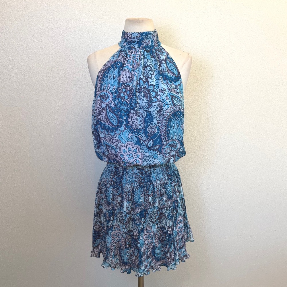 Ramy Brook Blue Floral Halter Mini Dress Womens Medium Pleated Preppy Resort